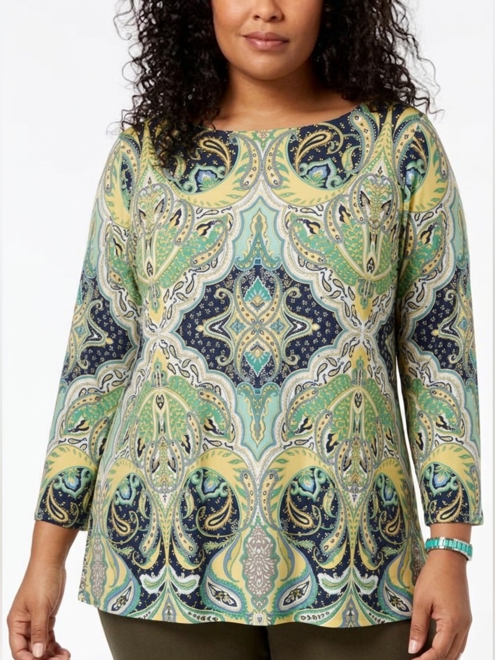 Charter Club Woman Paisley 3/4 Sleeve Top Plus Size 1X Green Yellow Boatneck
